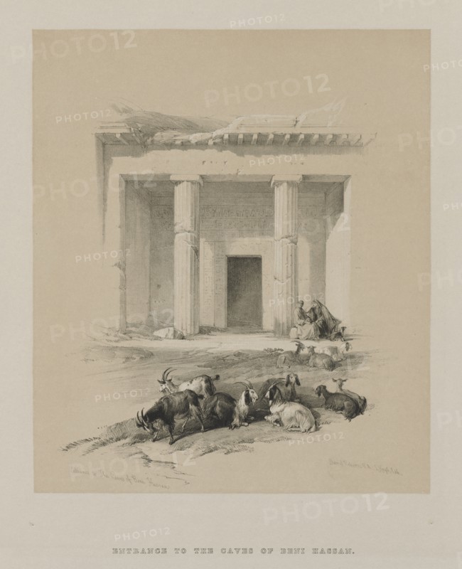 Egypt and Nubia, Volume I: Entrance to the Caves of Beni-Hasan, 1847. Creator: Louis Haghe (British, 1806-1885); F.G.Moon, 20 Threadneedle Street, London.