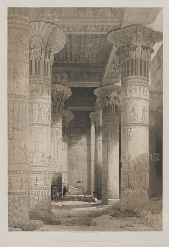 Egypt and Nubia, Volume I: View Under the Grand Portico of the Temple, Philae, 1846. Creator: Louis Haghe (British, 1806-1885); F.G.Moon, 20 Threadneedle Street, London.