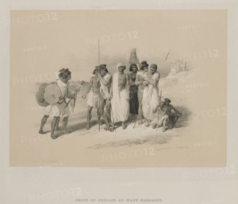 Egypt and Nubia, Volume II: Group of Nubians-Wady Kardasey, 1847. Creator: Louis Haghe (British, 1806-1885); F.G.Moon, 20 Threadneedle Street, London.