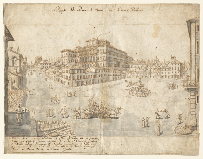 Eighteen Views of Rome: The Piazza Barberini (recto), 1665. Creator: Lievin Cruyl (Flemish, c. 1640-c. 1720).