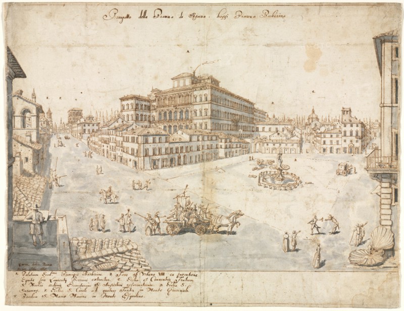 Eighteen Views of Rome: The Piazza Barberini (recto)..., 1665. Creator: Lievin Cruyl (Flemish, c. 1640-c. 1720).