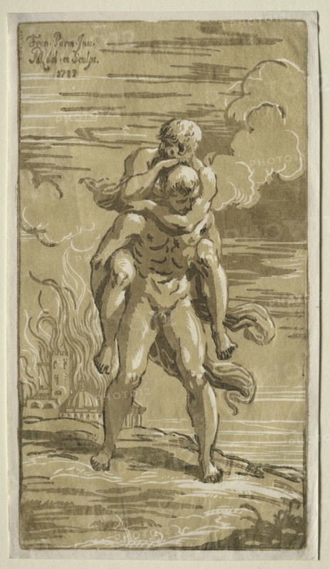 Eneas Carrying Anchises, his Father, from the Burning of Troy, 1723. Creator: Antonio Maria I Zanetti (Italian, 1680-1757).