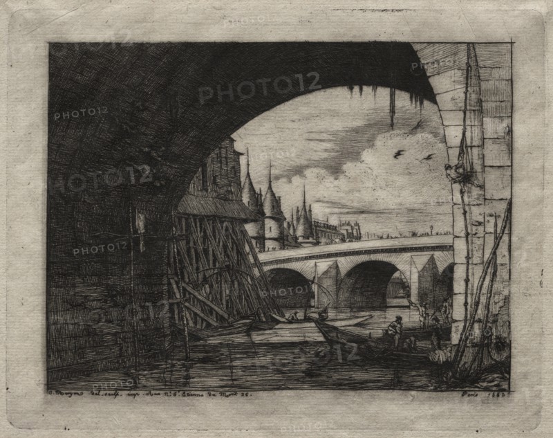 Etchings of Paris: An Arch of the Notre Dame Bridge, 1853. Creator: Charles Meryon (French, 1821-1868).