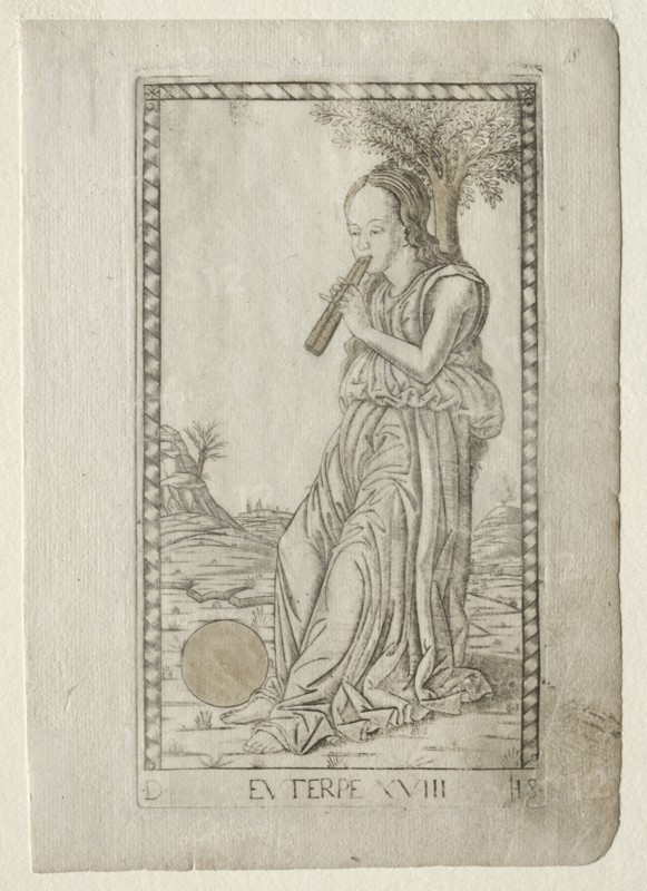 Euterpe (music, lyric poetry) (from the Tarocchi series D..., before 1467. Creator: Master of the E-Series Tarocchi (Italian, 15th century).