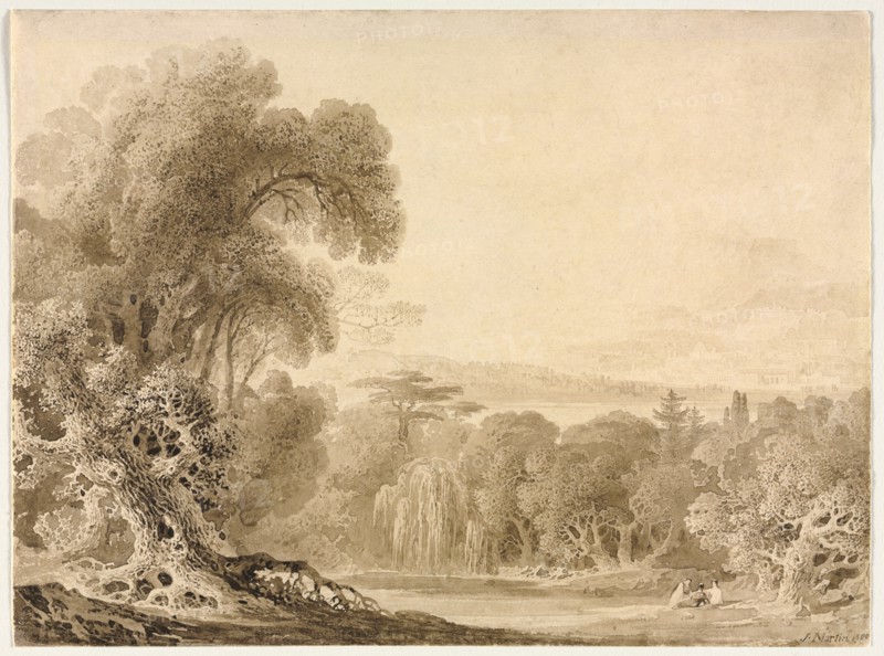 Figures Seated by a Lake in a Wooded Landscape, 1820. Creator: John Martin (British, 1789-1854).