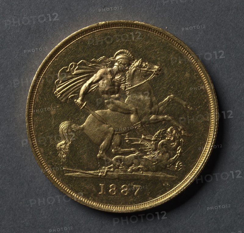 Five Pounds (reverse), 1887. Creator: Benedetto Pistrucci (Italian, 1784-1855).