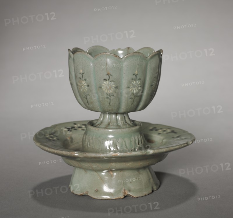 Floral-shaped Cup and Saucer with Inlaid Chrysanthemum Design, 1100s-1200s. Creator: Unknown.