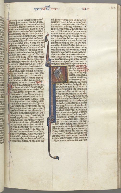 Fol. 112r, Kings II, historiated initial F, the beheading of the Amalekite, c. 1275-1300. Creator: Unknown.