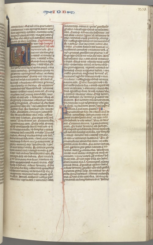 Fol. 205r, Job, historiated initial V, Job on the dungheap given a gold earring?, c. 1275-1300. Creator: Unknown.