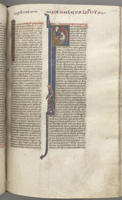 Fol. 238r, Proverbs, historiated initial P, Solomon instructing Rehoboam, c. 1275-1300. Creator: Unknown.