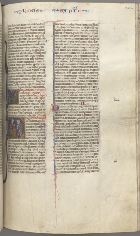Fol. 251 r, Wisdom, historiated initial D, Solomon instructing a soldier, c. 1275-1300. Creator: Unknown.