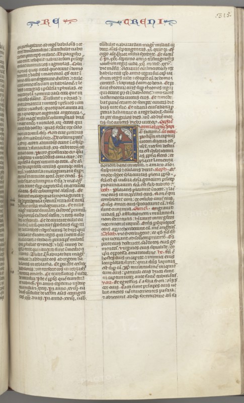 Fol. 315r, Lamentations, historiated initial E, a kneeling Jeremiah praying to a bust of God, c. 127 Creator: Unknown.