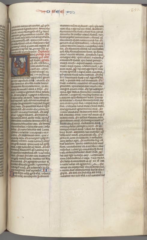 Fol. 350r, Hosea, historiated initial V, Hosea preaching to three men. , c. 1275-1300. Creator: Unknown.