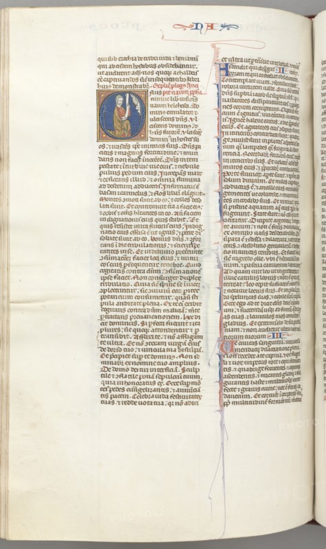 Fol. 360v, Nahum, historiated initial O, Nahum kneeling with a scroll, bust of God above, c. 1275-13 Creator: Unknown.