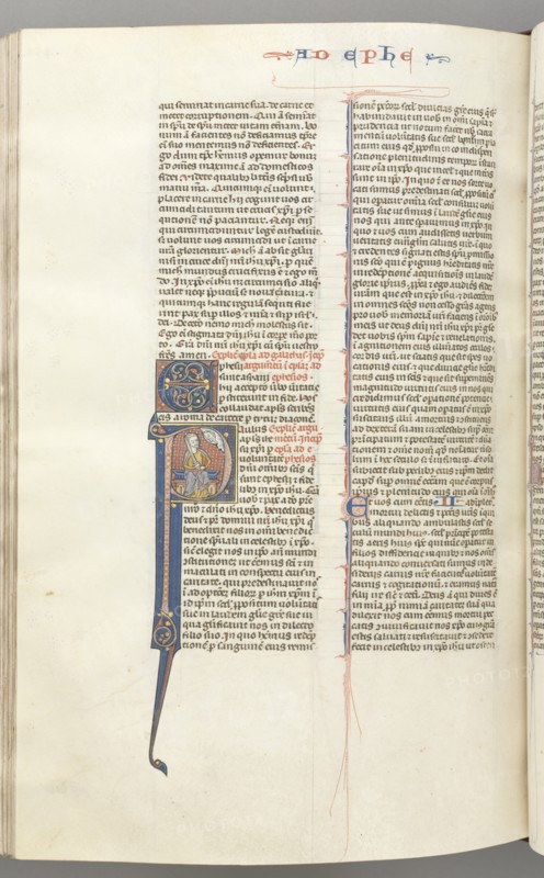 Fol. 450v, Ephesians, historiated initial P, Paul seated with a sword, the bust of God above, c. 127 Creator: Unknown.