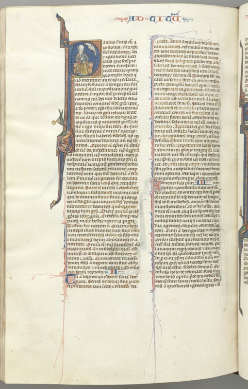 Fol. 458v, Titus, historiated initial P, Paul seated with a sword, c. 1275-1300. Creator: Unknown.