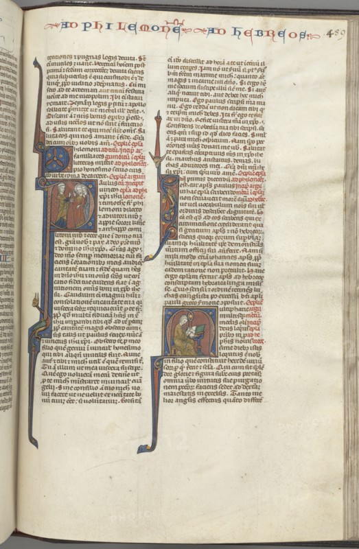 Fol. 459r, Philemon, historiated initial P, Paul addressing three men and Hebrews..., c. 1275-1300. Creator: Unknown.