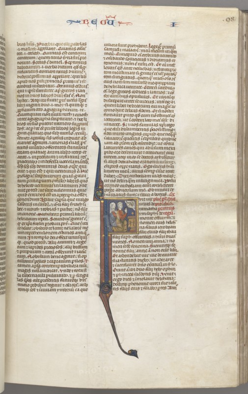 Fol. 98r, Kings I, historiated initial F, Elkanah and Hannah kneeling before an altar..., c. 1275-13 Creator: Unknown.
