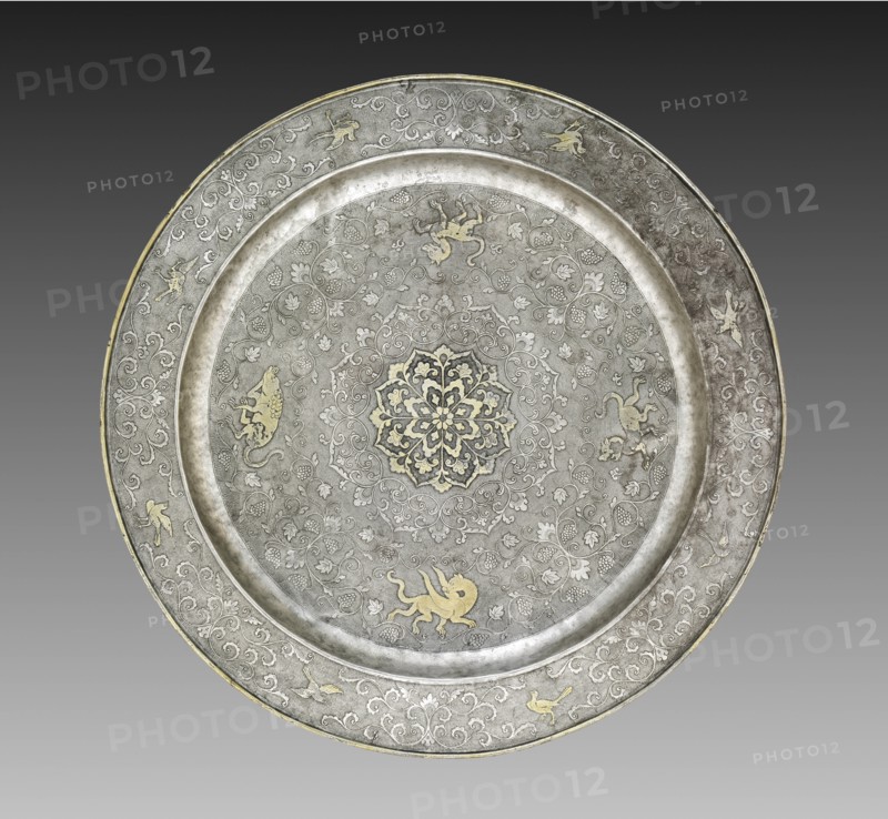 Footed Platter with Design of Mythical Beasts amid Grapevines, 700s. Creator: Unknown.