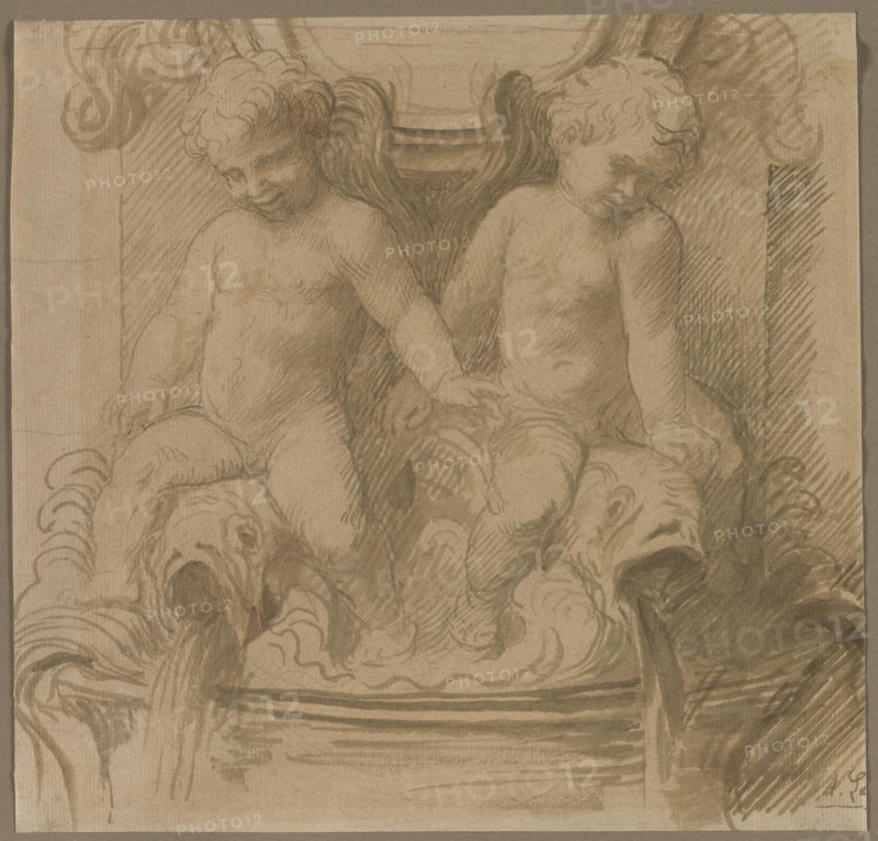 Fountain with Putti Riding Dolphins, last half 1800s. Creator: Alphonse Legros (French, 1837-1911).