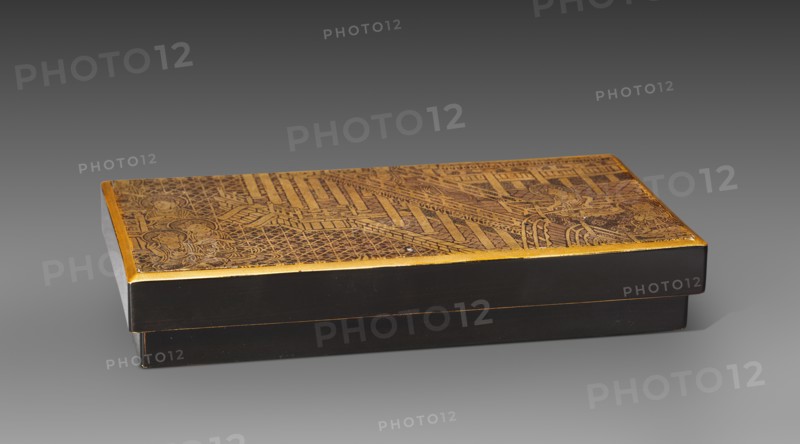 Fragment Mounted as a Box Cover with a Scene from Amida's Paradise, 1100s. Creator: Unknown.