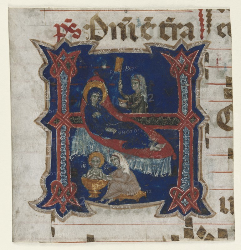 Fragment of a Choir Book with Historiated Initial (H): Birth of the Virgin, 1200s. Creator: Unknown.