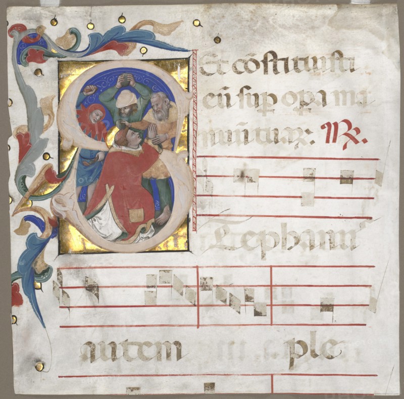 Fragment of an Antiphonary with Historiated Initial (S): The Stoning of St. Stephen, c. 1370-1372. Creator: Nicolò da Bologna (Italian, c. 1325-1403).