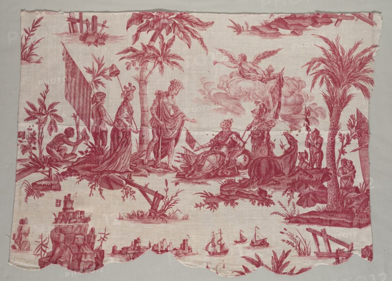Fragment of Copperplate Printed Linen with "America Doing Homage to France" Design, 1790. Creator: Unknown.
