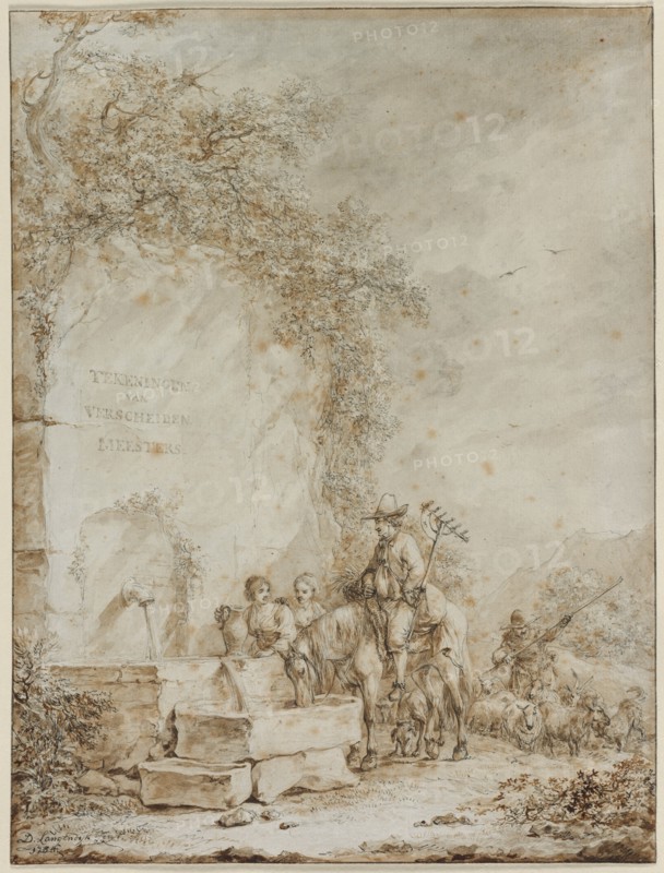 Frontispiece for an Album of Drawings: Peasants at a Fountain, 1784. Creator: Dirk Langendijk (Dutch, 1748-1805).