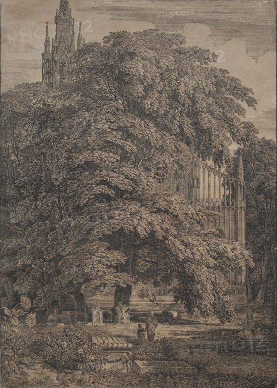 Gothic Church among Oaks, 1810. Creator: Karl Friedrich Schinkel (German, 1781-1841).