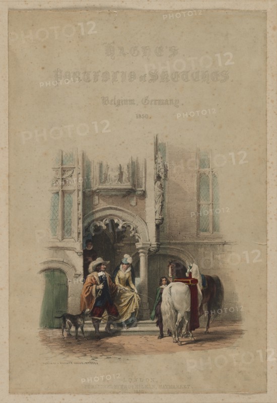 Haghe's Portfolio of Sketches. Belgium. Germany, vol. III: Title Page, on a door...Bruges, 1850. Creator: Louis Haghe (British, 1806-1885); Thomas McLean, Haymarket, London.