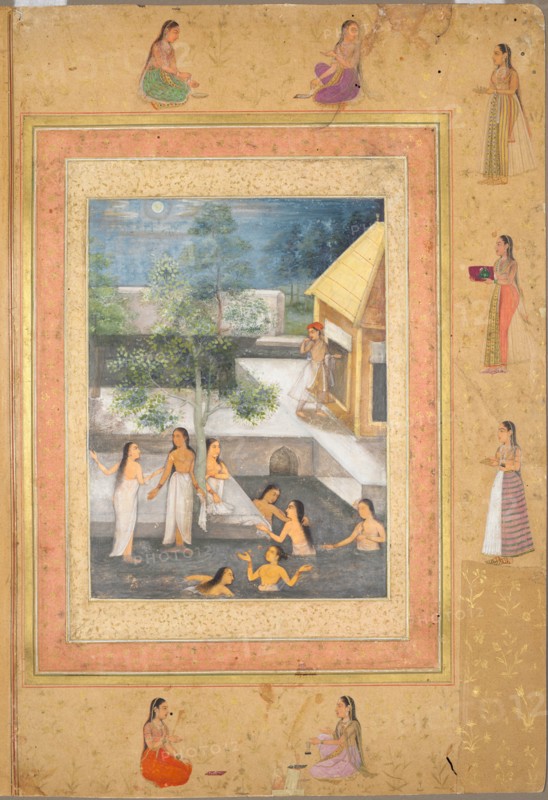 Harem Night-Bathing Scene (recto): Calligraphy Framed by an Ornamental Border...(verso), c. 1650. Creator: Unknown.