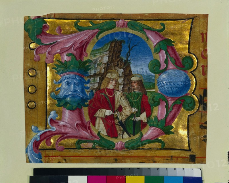 Historiated Initial (D) Excised from a Choir Book: Two Martyr Saints, c. 1500-1510. Creator: Girolamo dai Libri (Italian, 1474-1555), circle of.