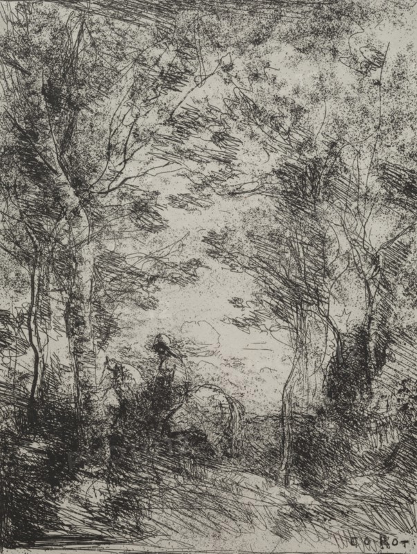 Horseman in the Woods, original impression 1854, printed in 1921. Creator: Jean Baptiste Camille Corot (French, 1796-1875); M. Le Garrec.