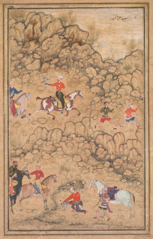 Hunting with Falcons in a Landscape, c. 1558-1560; borders added probably 1700s. Creator: Abd al-Samad (Persian, c. 1510-1600), attributed to.