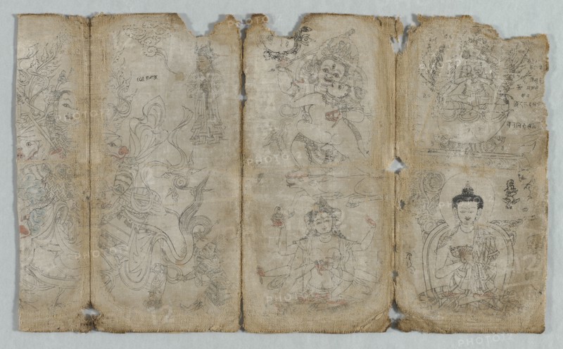 Iconographic Drawing: Vaishravana, Yama, Vsnisavijaya, Tara?(recto)...Enlightened Beings (verso), c1 Creator: Unknown.