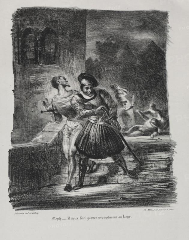 Illustrations for Faust: Méphistophélés and Faust flee after the duel, 1828. Creator: Eugène Delacroix (French, 1798-1863); Chez Ch. Motte, Éditeur, distributed by Chez Sautelet, Libraire.