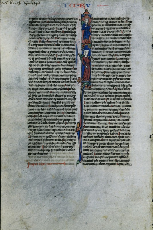 Initial I with Elimelech and Naomi: Leaf from a Latin Bible (1 of 2 Excised Leaves) , c. 1250. Creator: Johannes Grusch Atelier (French).