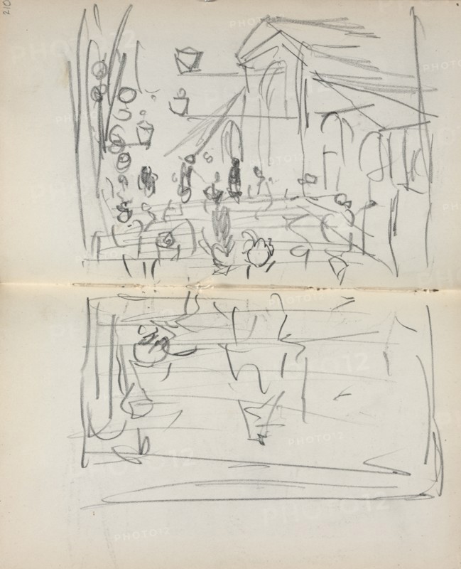 Italian Sketchbook: Bridge with Figures (page 209 & 210), 1898-1899. Creator: Maurice Prendergast (American, 1858-1924).