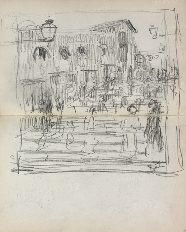 Italian Sketchbook: Bridge with Figures (page 93 & 94), 1898-1899. Creator: Maurice Prendergast (American, 1858-1924).