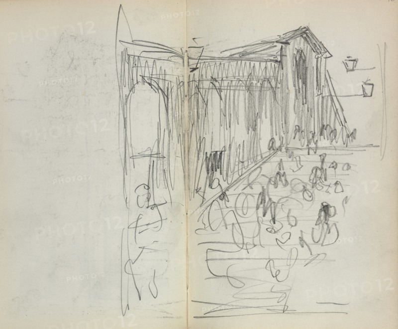 Italian Sketchbook: Bridge with Figures (page 95 & 96), 1898-1899. Creator: Maurice Prendergast (American, 1858-1924).