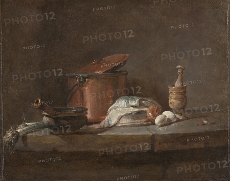 Kitchen Utensils with Leeks, Fish, and Eggs, c. 1734. Creator: Jean-Siméon Chardin (French, 1699-1779).