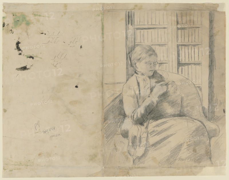 Knitting in the Library (recto); Knitting in the Library (verso), c. 1881. Creator: Mary Cassatt (American, 1844-1926).
