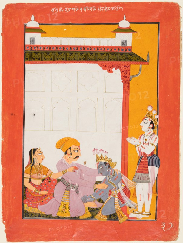 Krishna and Balarama Touching the Feet of Vasudeva and Devaki, 1730-40. Creator: Unknown.