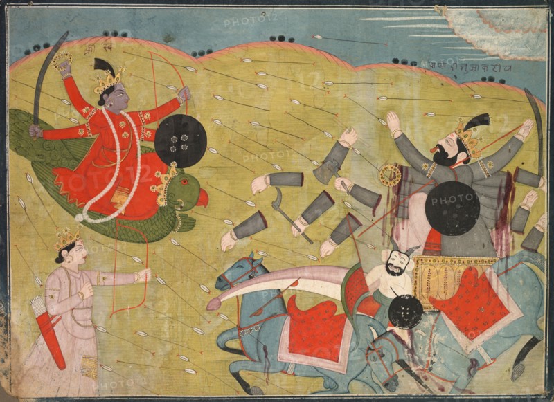 Krishna Vanquishing Vanasura: Scene from the Aniruddha Usha Section of Krishna Lila, c. 1840. Creator: Unknown.