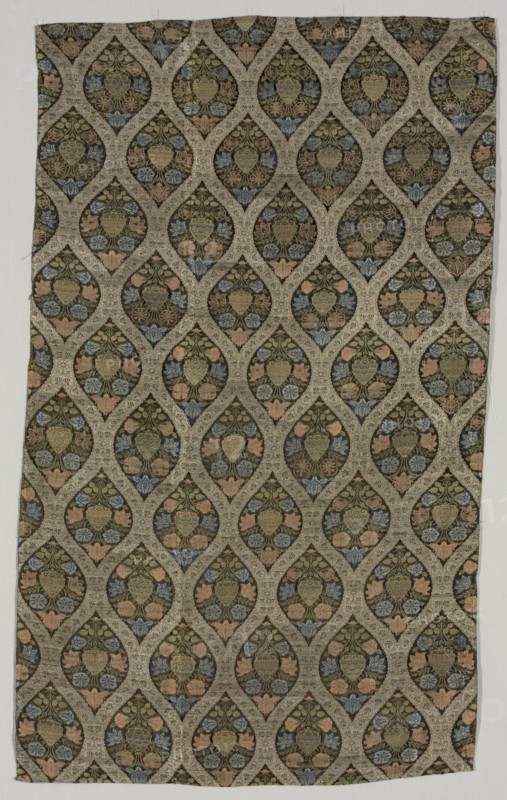 Lampas fragment with blossoms in ogival lattice, 1600s. Creator: Unknown.