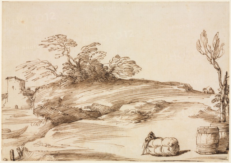 Landscape with a Man Leaning on a Bale, c. 1640. Creator: Guercino (Italian, 1591-1666).