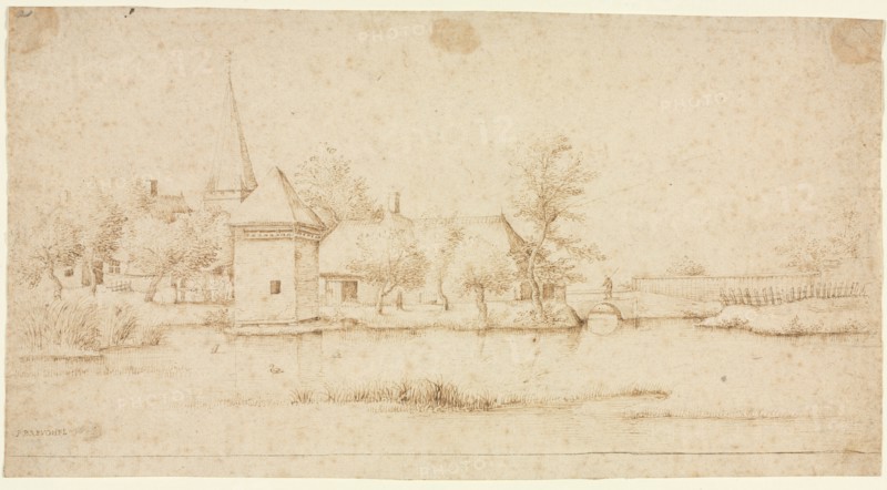 Landscape with a Moated Village, 1559-1561. Creator: Master of the Small Landscapes (Flemish).