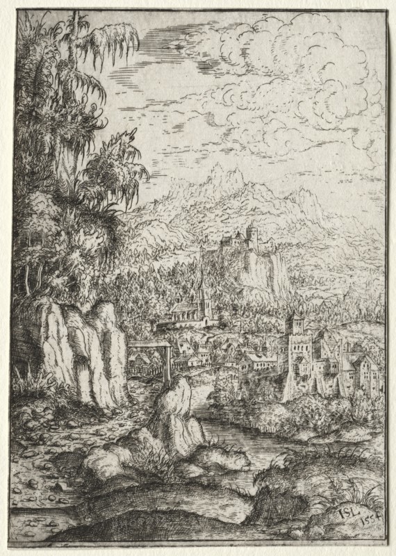 Landscape with a Road to a Castle on an Island in a River, 1554. Creator: Hanns Lautensack (German, 1524-1566).
