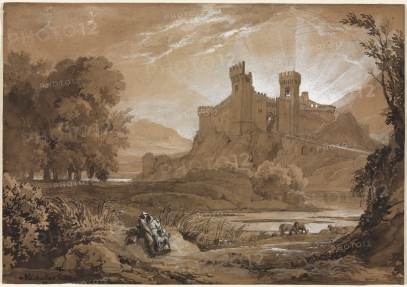 Landscape with Castle and Shepherds, 1814. Creator: Achille Etna Michallon (French, 1796-1822).